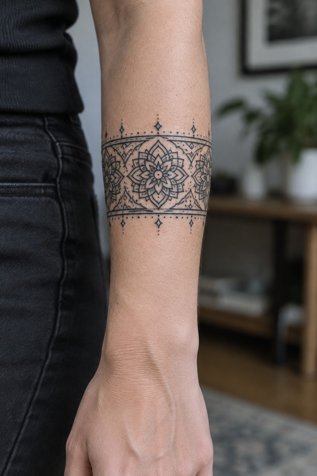 Fine-line black mandala band tattoo with dotwork and a central flower motif wrapping around a woman's forearm.