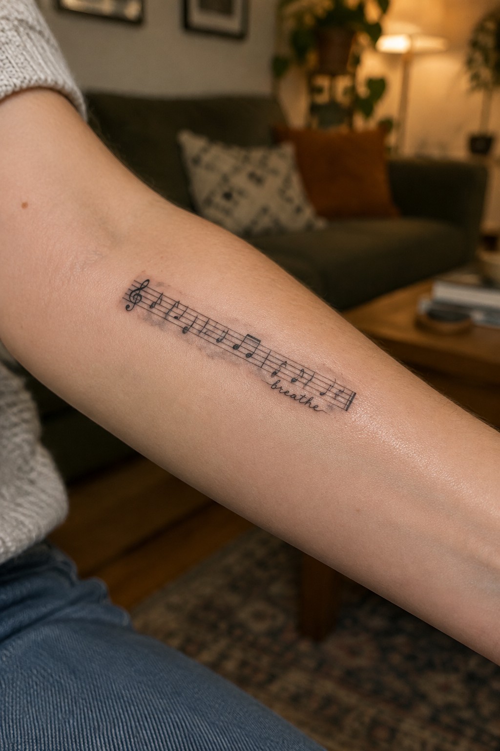 Fine-line music staff tattoo with musical notes and the word “breathe” on the forearm.