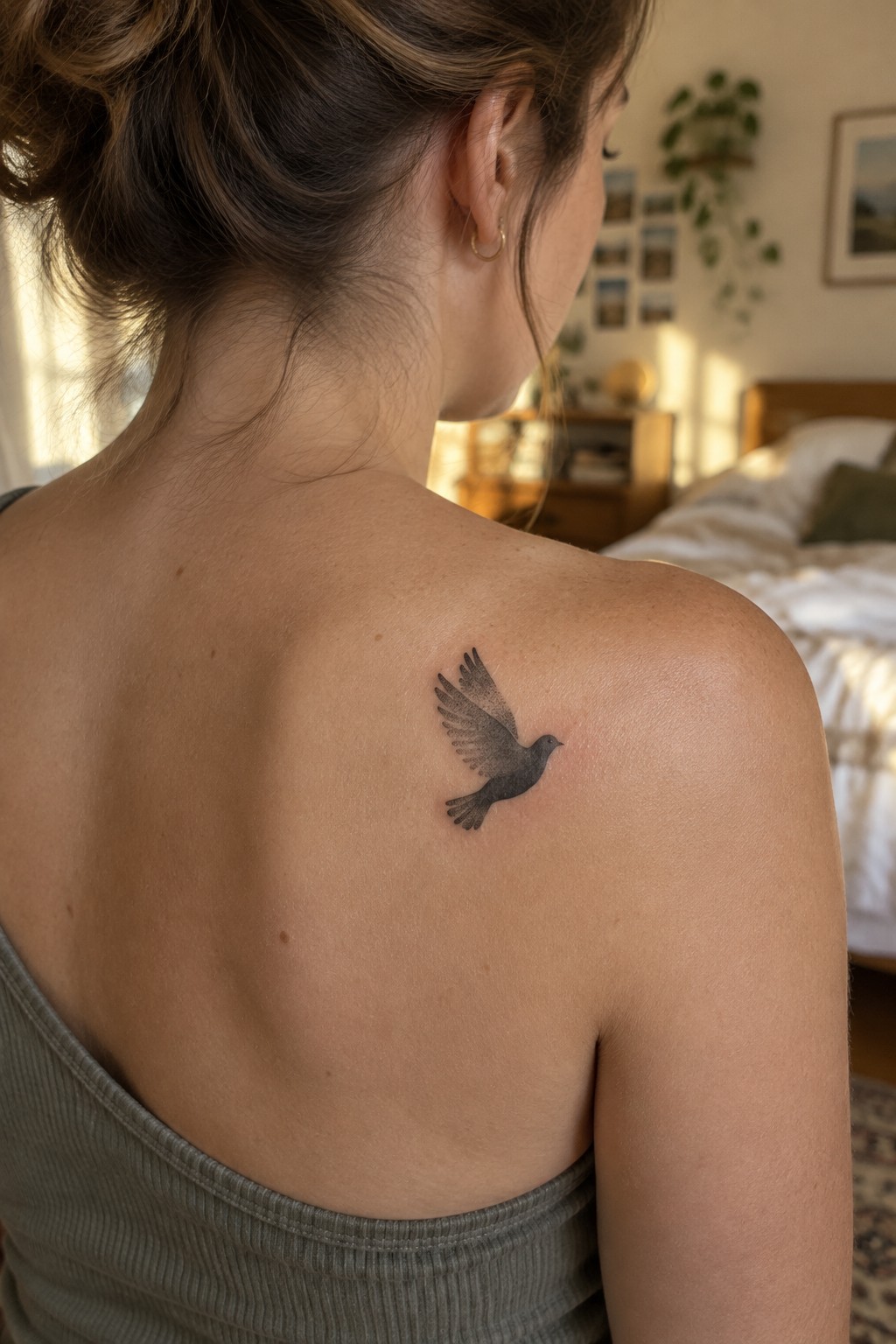 Small blackwork tattoo of a flying dove placed on the upper shoulder blade.