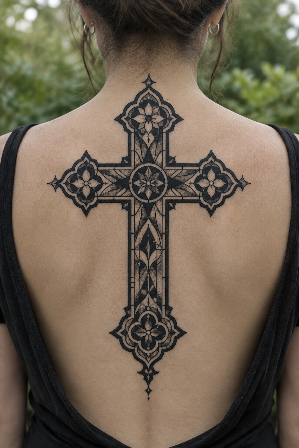 Ornate black cross tattoo with floral details on woman's back in black top