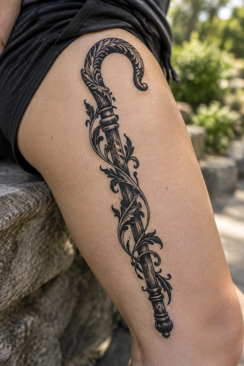 Ornate black vine-wrapped staff tattoo on thigh above black shorts outdoors