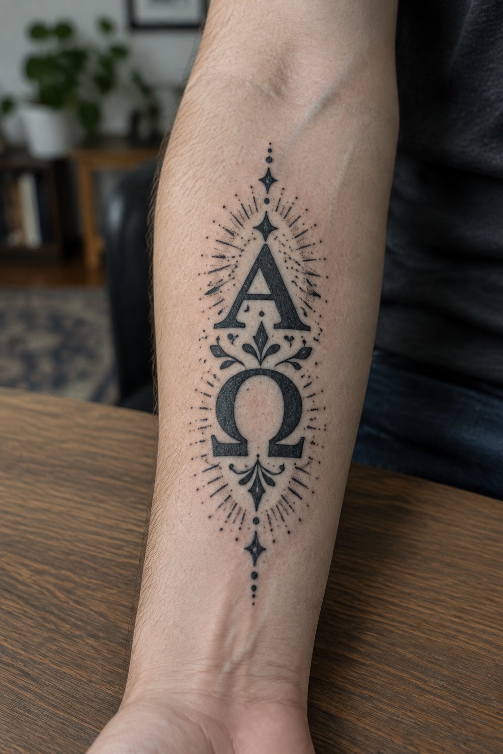 Black alpha and omega tattoo on forearm with decorative stars and flourishes