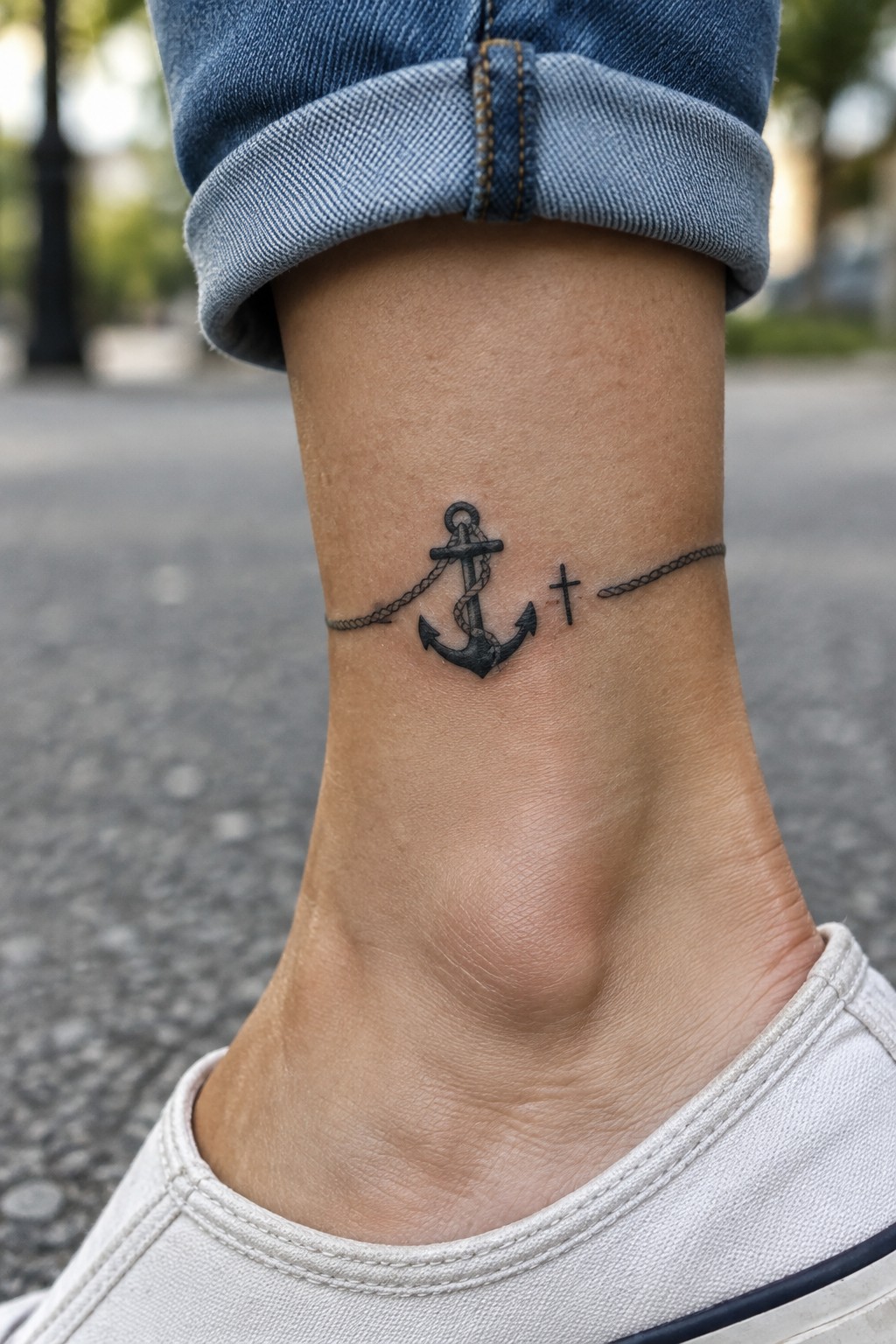 Black anchor and cross tattoo on ankle below cuffed blue jeans