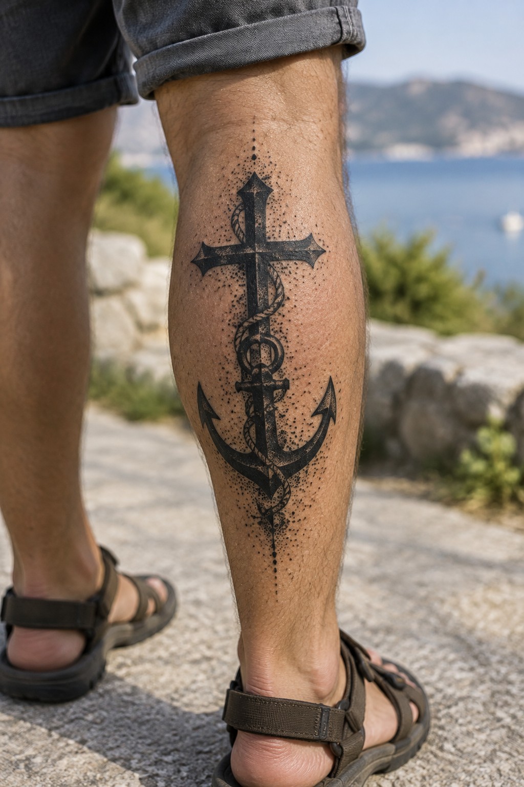Blackwork tattoo of a cross above an anchor wrapped in rope on a person's calf with dotwork fading at both ends
