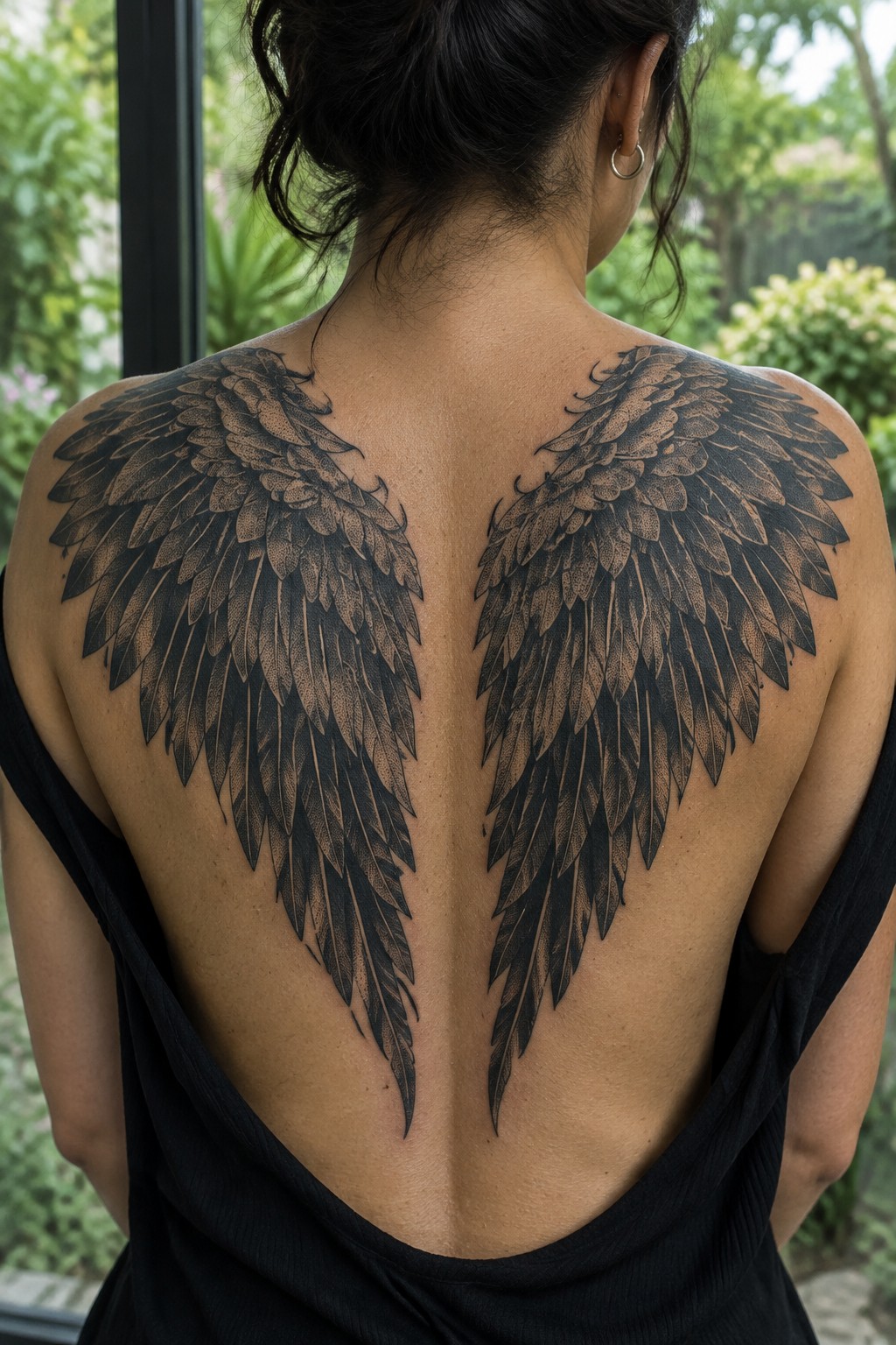Large blackwork angel wings tattoo covering a woman's upper and mid back, with detailed feathers extending symmetrically from the shoulders.
