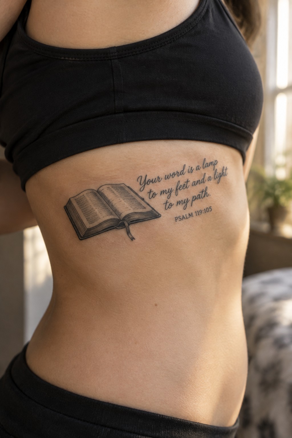 Open book tattoo with Psalm 119:105 quote on torso under black crop top