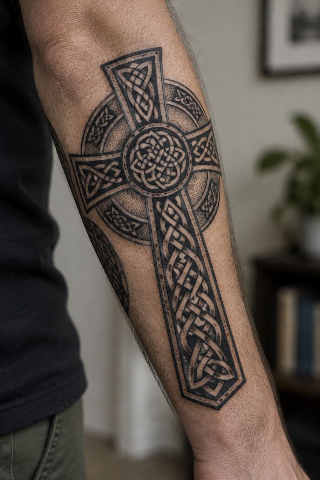 Celtic cross tattoo with intricate black knotwork on a hairy forearm.