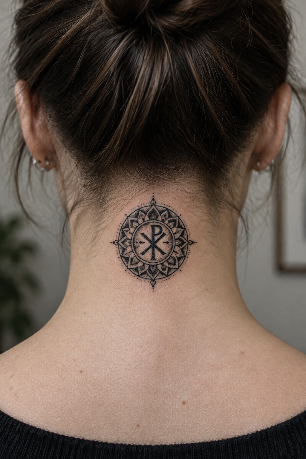 Woman's nape with ornate black mandala tattoo, Chi-Rho center, hair in bun.
