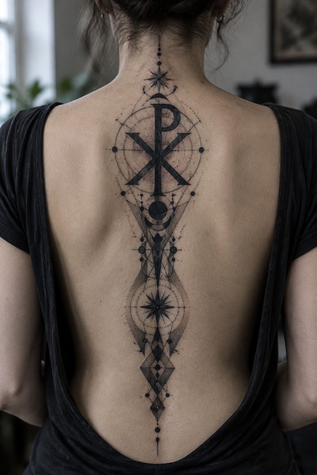 Person's back with large black Chi-Rho tattoo, stars, moons, and geometric patterns