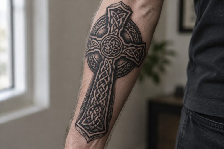 18 Unique Christian Tattoos With Blackwork Biblical Symbols Celtic cross tattoo with intricate black knotwork on a hairy forearm.