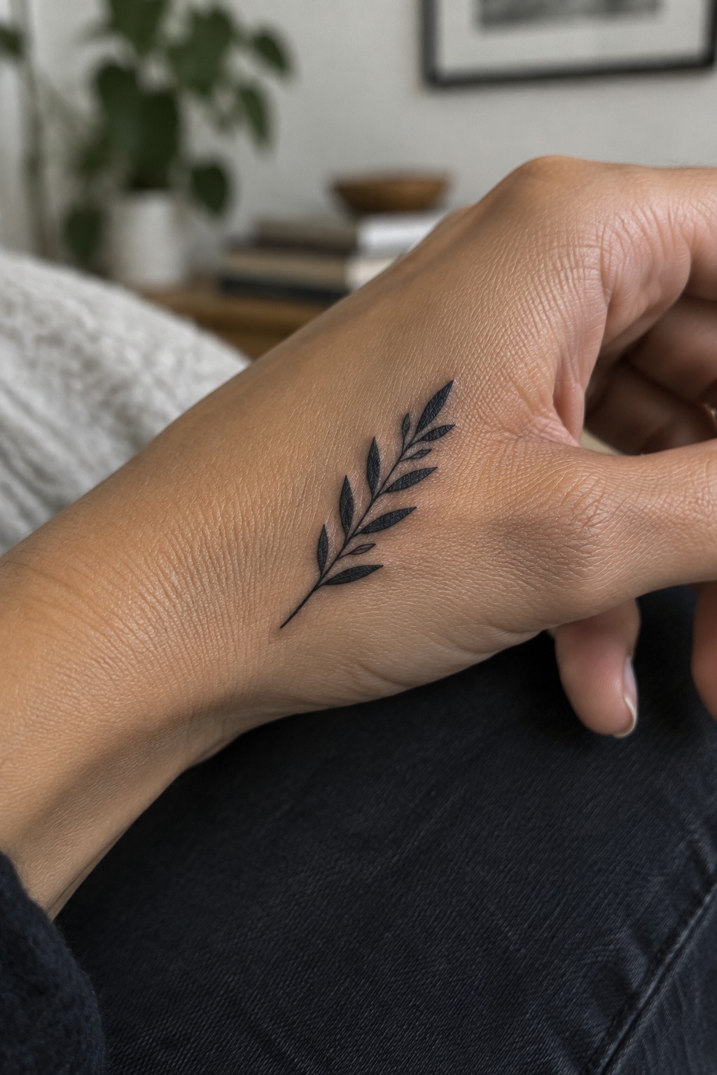 Hand with black leafy branch tattoo resting on dark denim clothing.