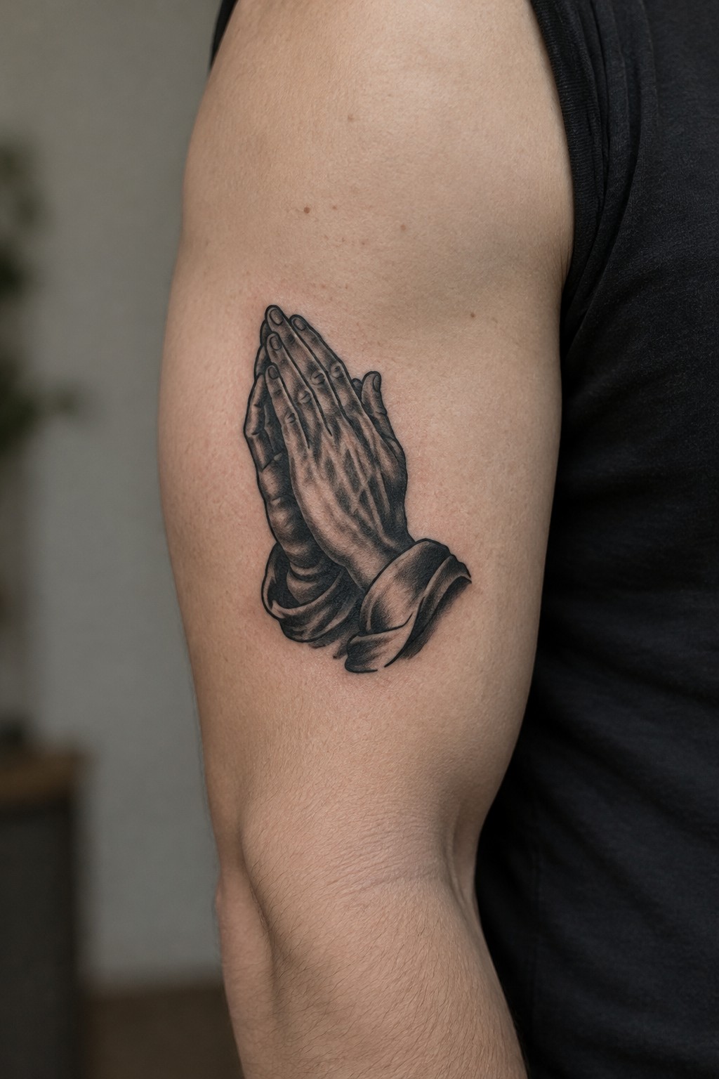 Black and gray tattoo of praying hands on upper arm with shaded details and fabric at the base