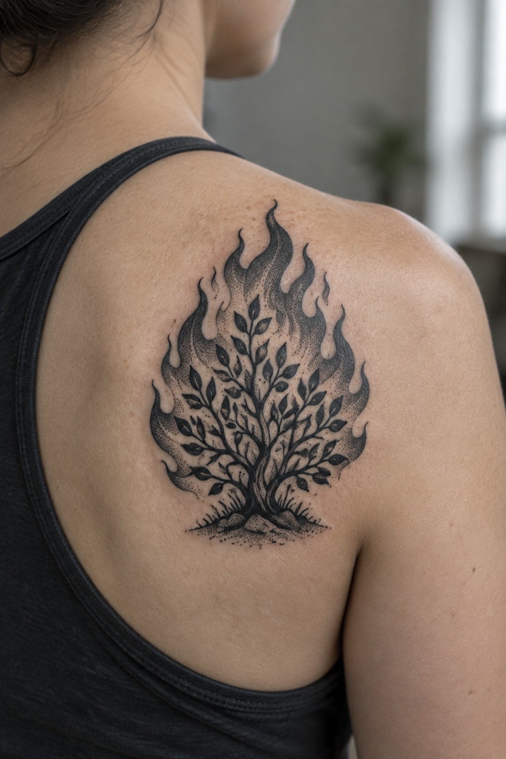 Black tank top with flaming tree tattoo on shoulder