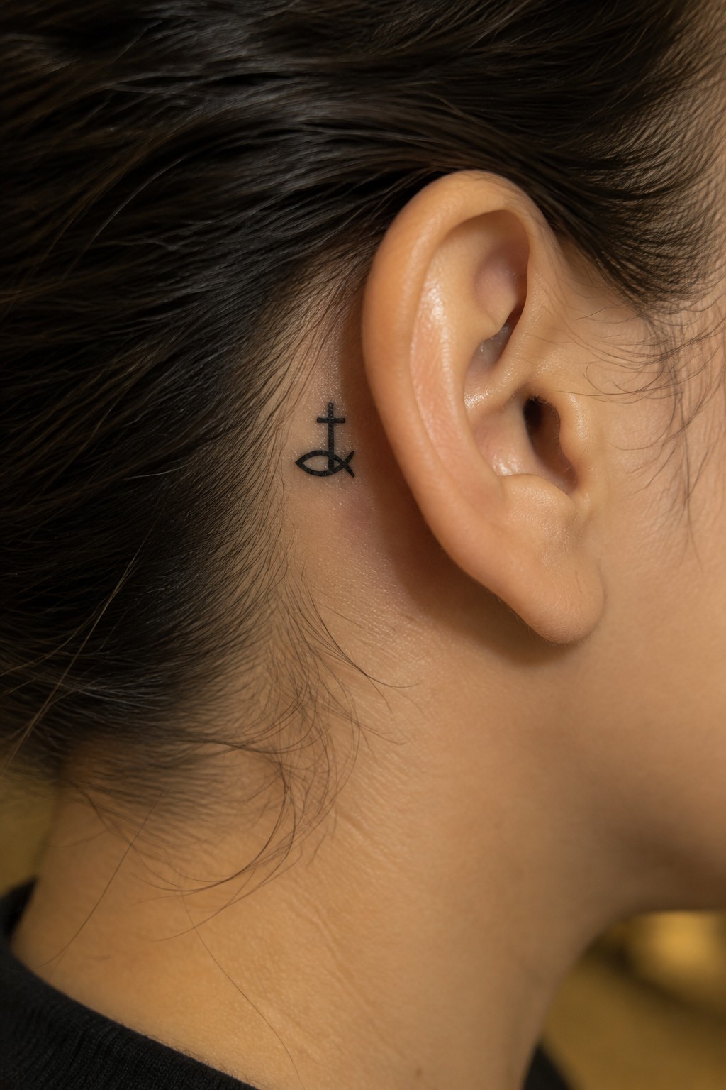 Small black fish-and-cross tattoo behind a person's ear amid dark hair
