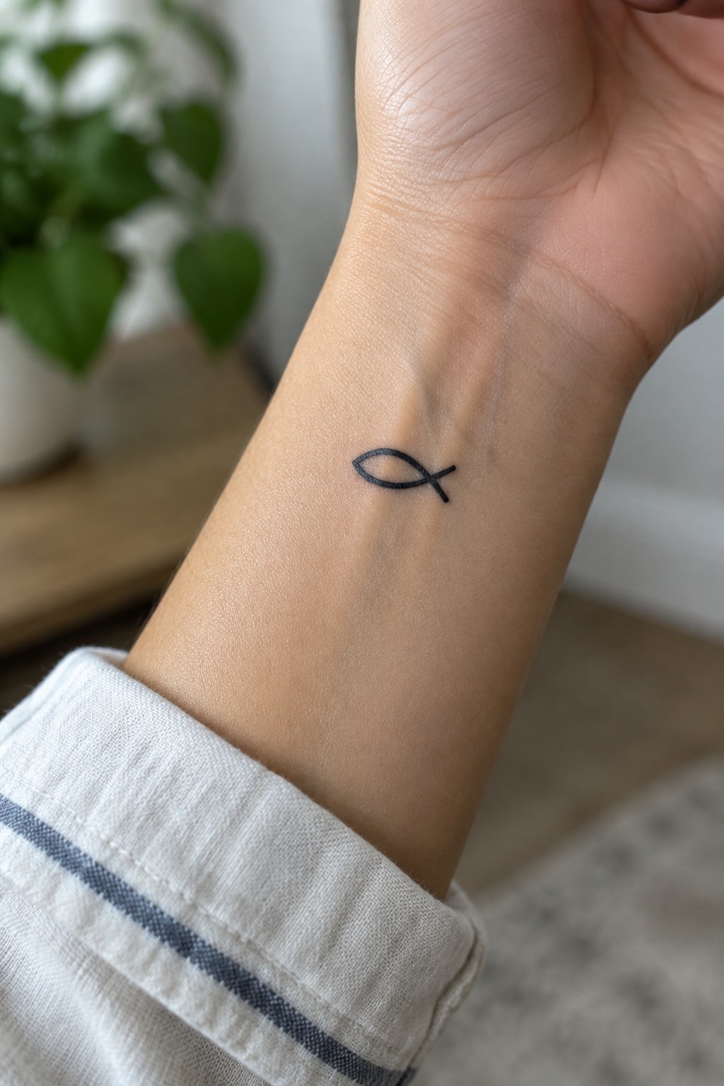 Small blackwork ichthys fish tattoo on the inner wrist