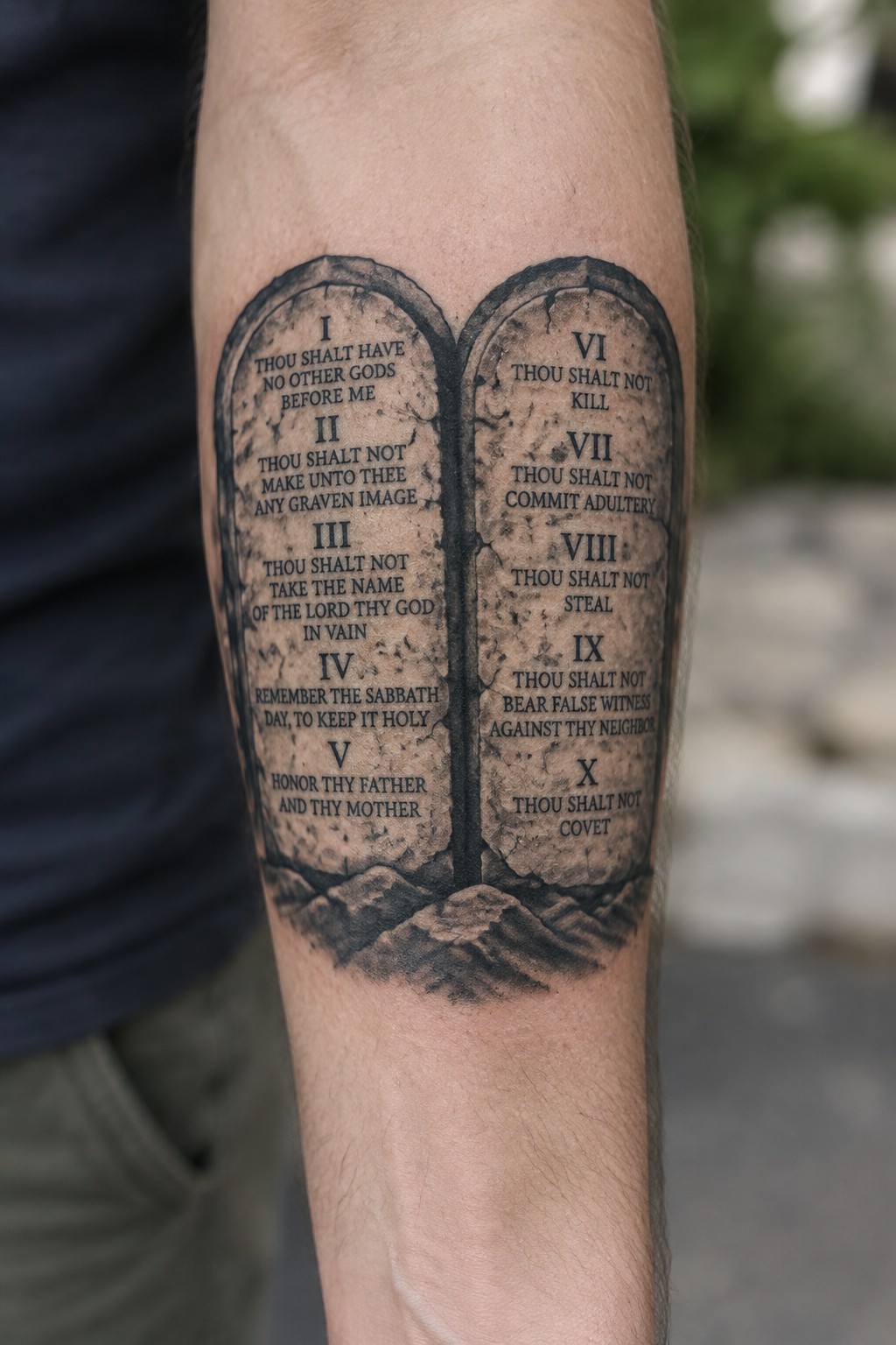 Black and gray tattoo of Ten Commandments on stone tablets covering a forearm.