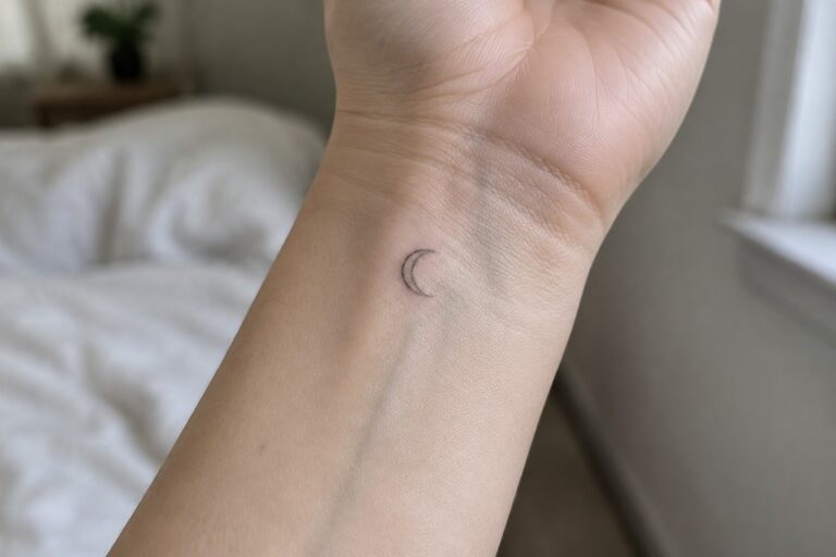 18 Unique Tiny Meaningful Tattoos for Women Designed for Everyday Elegance Small fine-line crescent moon tattoo on the inner wrist.