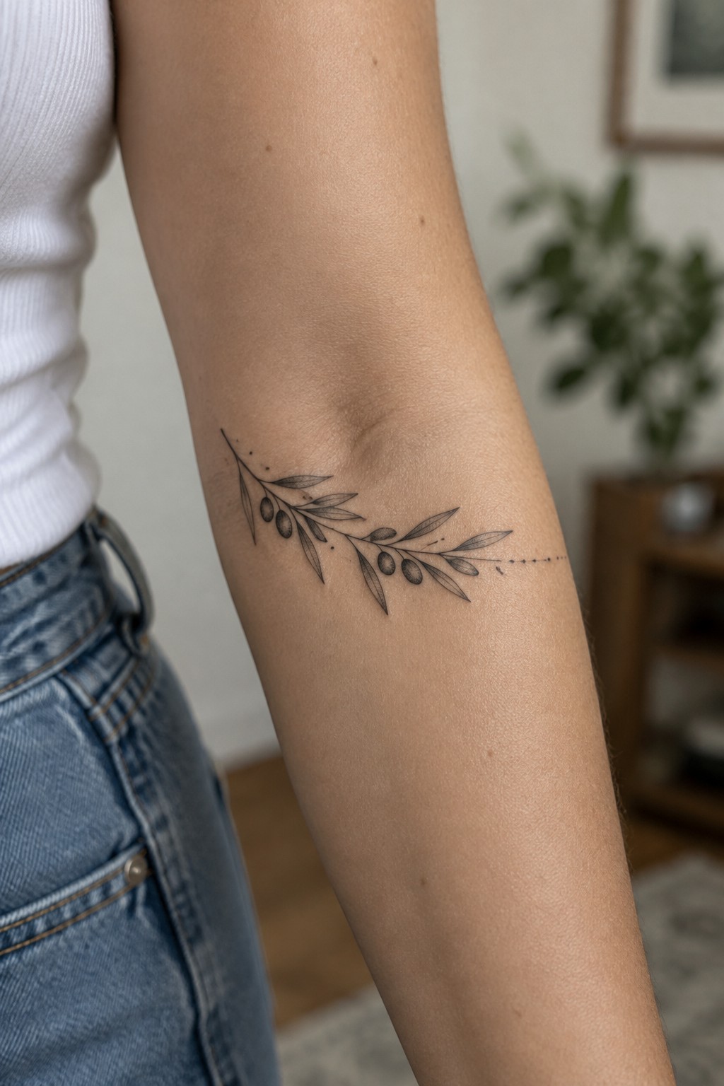 Small fine-line olive branch tattoo with shaded olives and a dotted extension on the inner arm.
