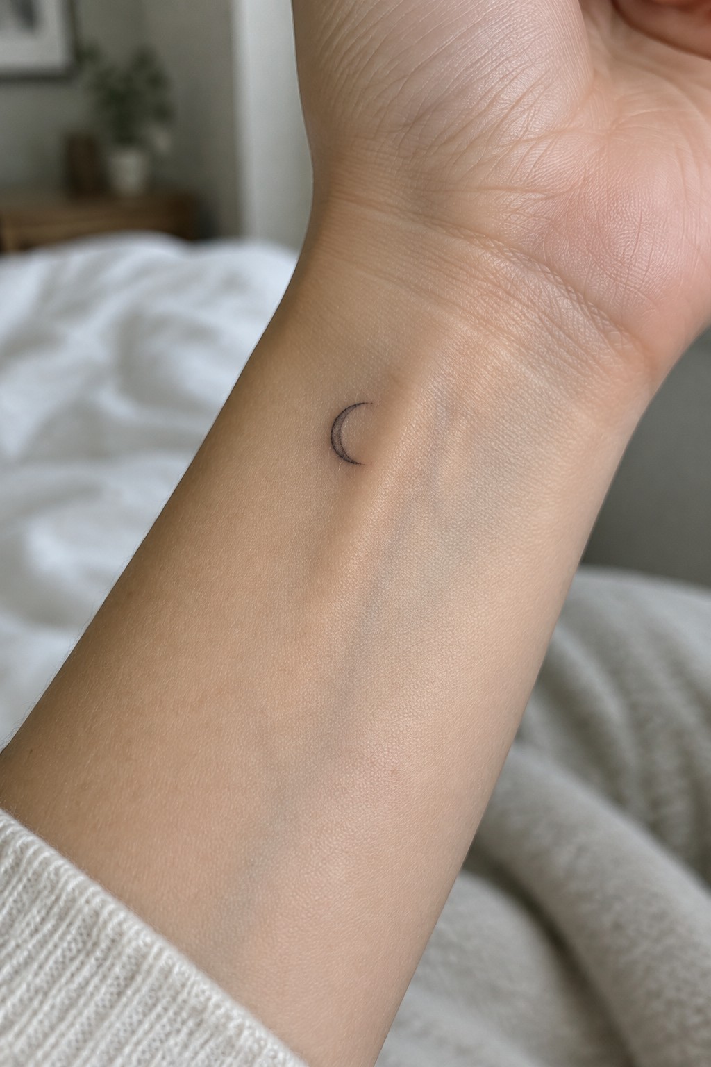 Small fine-line crescent moon tattoo on the inner wrist.