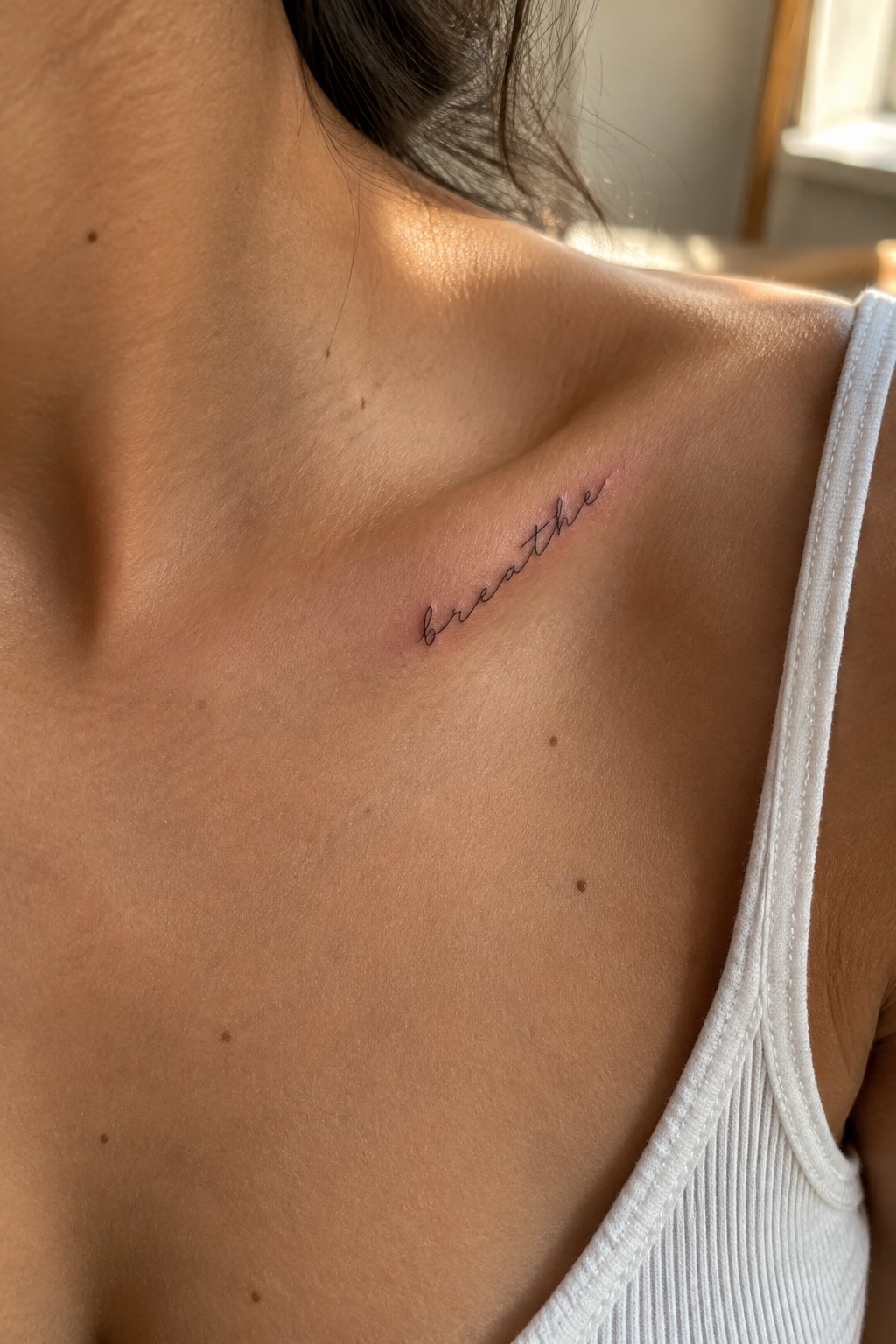 Small fine-line script tattoo reading “breathe” on the upper chest near the collarbone.