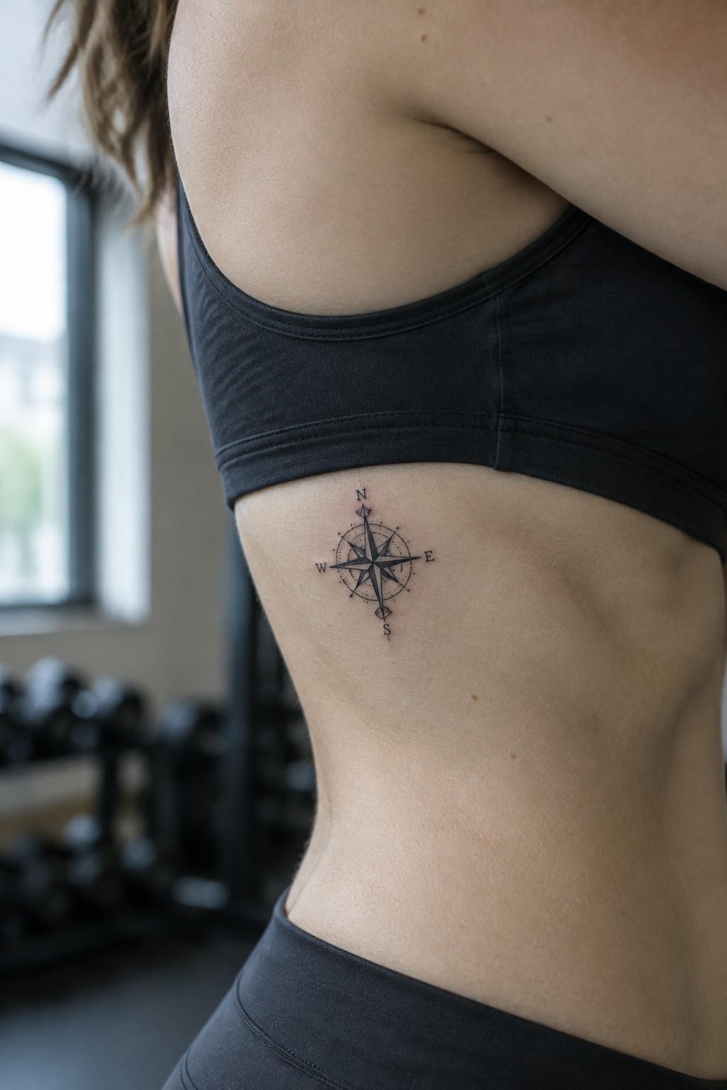 Small black compass tattoo with north, south, east, and west markings on a woman’s side below a black sports bra.