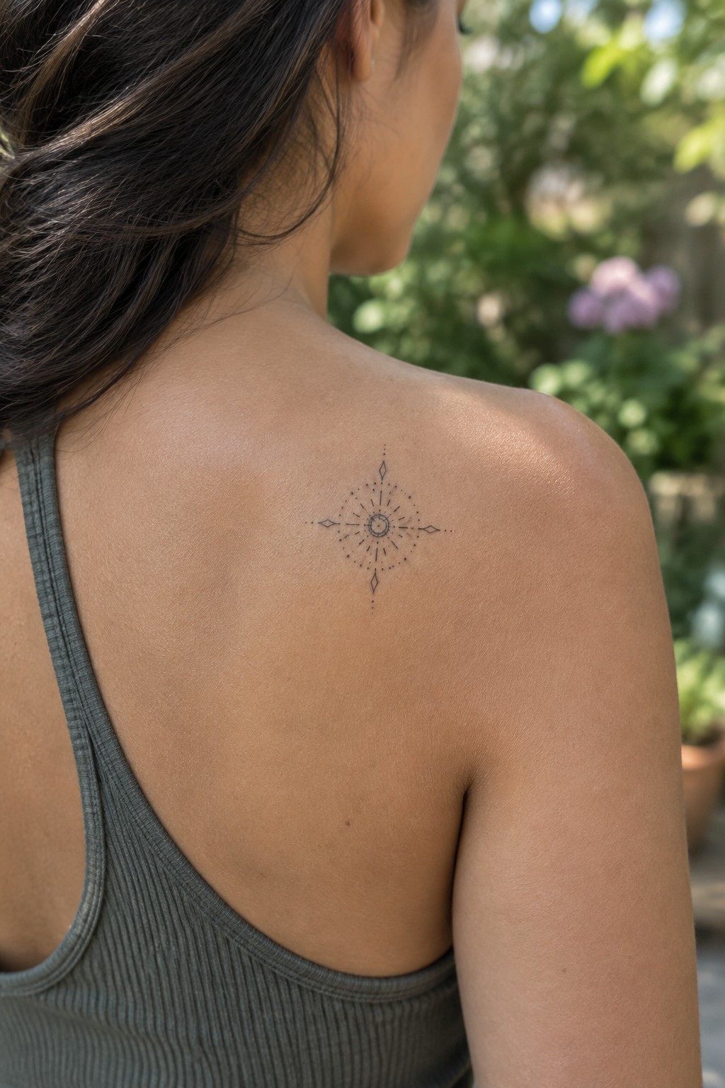 Small fine-line compass tattoo with dotted details on a woman’s upper back near the shoulder.