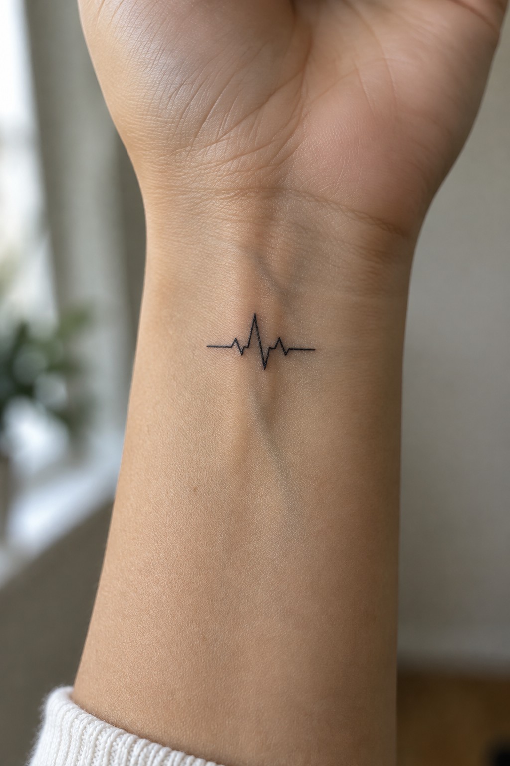 Small black heartbeat line tattoo on the inner wrist.