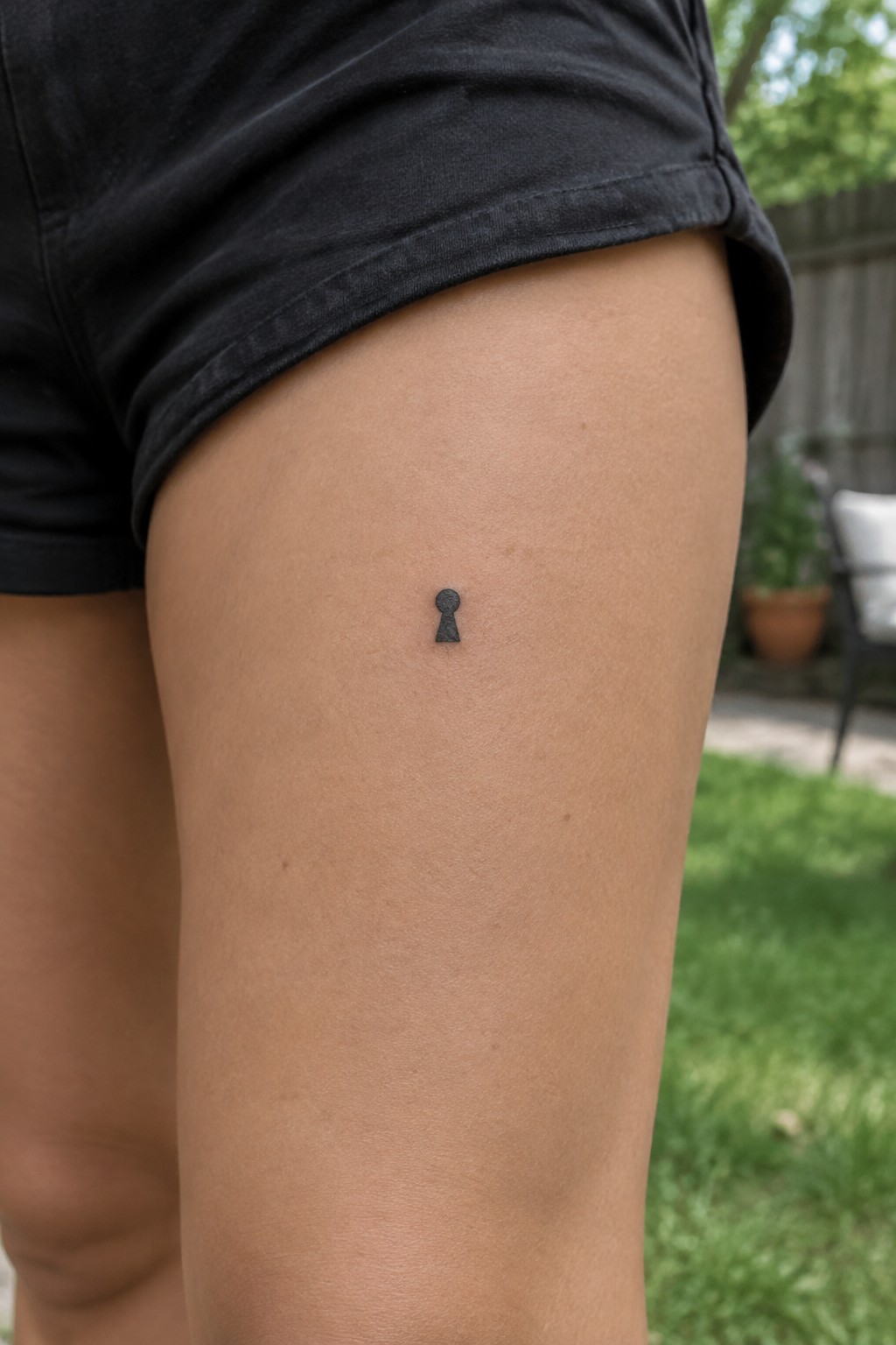 Small black keyhole tattoo on the upper thigh beneath black shorts.