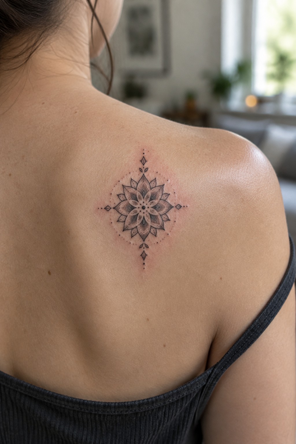 Small black floral mandala tattoo with fine linework and dot shading centered on a woman’s upper back.