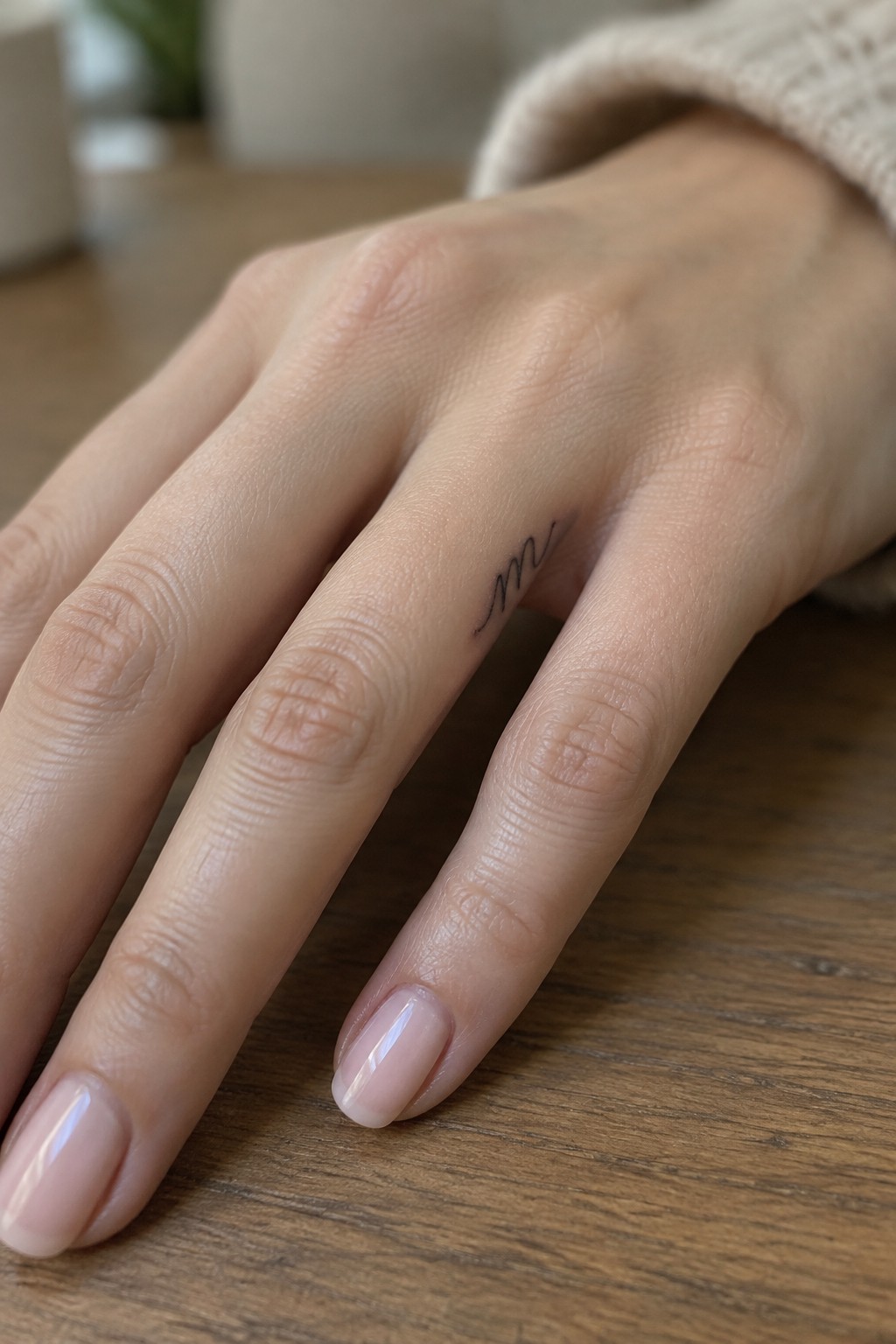 A tiny black fine-line heartbeat tattoo on the side of a finger, shown on a hand with pale pink nails.