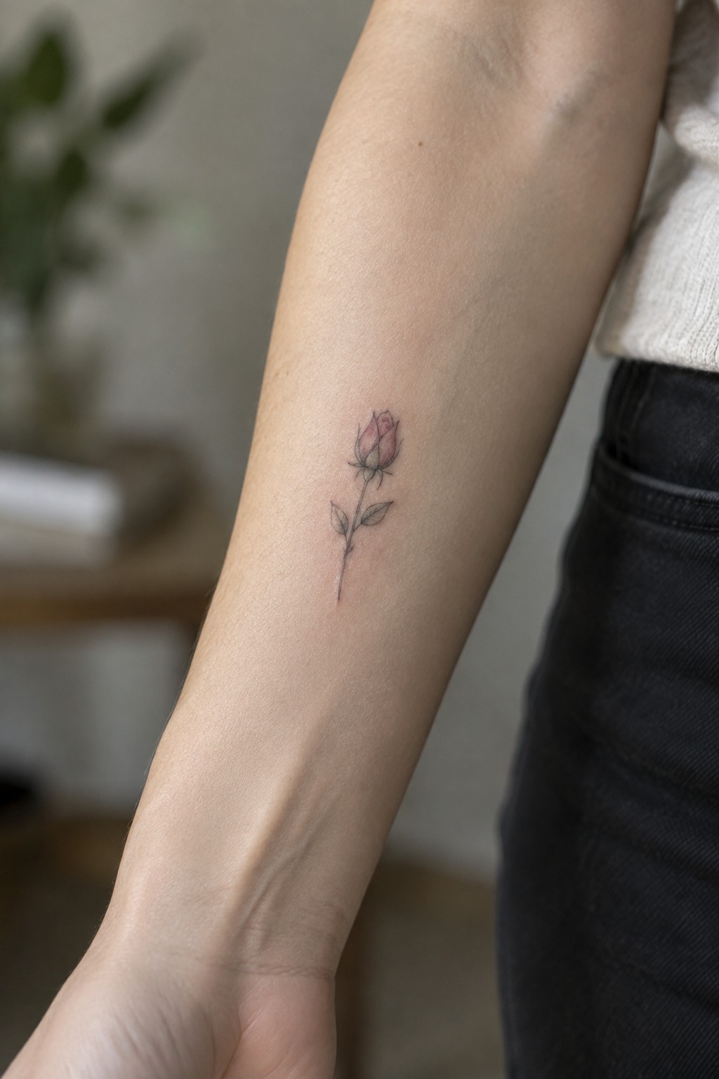 Small pink rosebud tattoo with a fine-line stem and two leaves on the inner forearm.