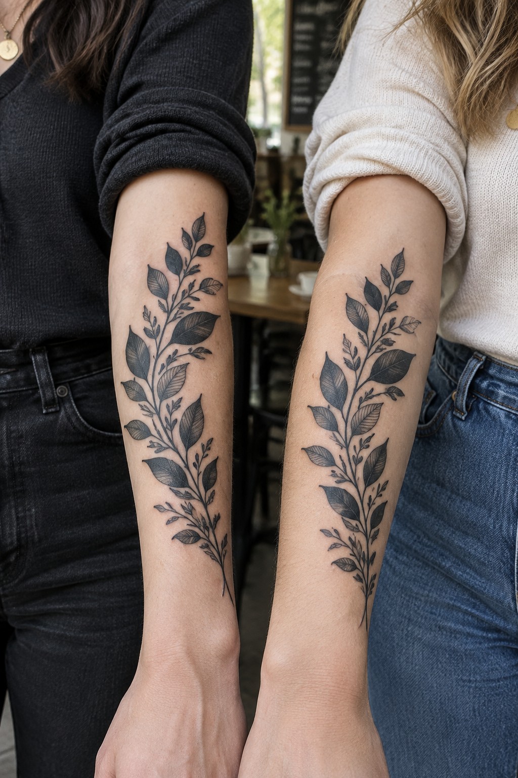 Two women showing matching black botanical branch tattoos along their forearms.