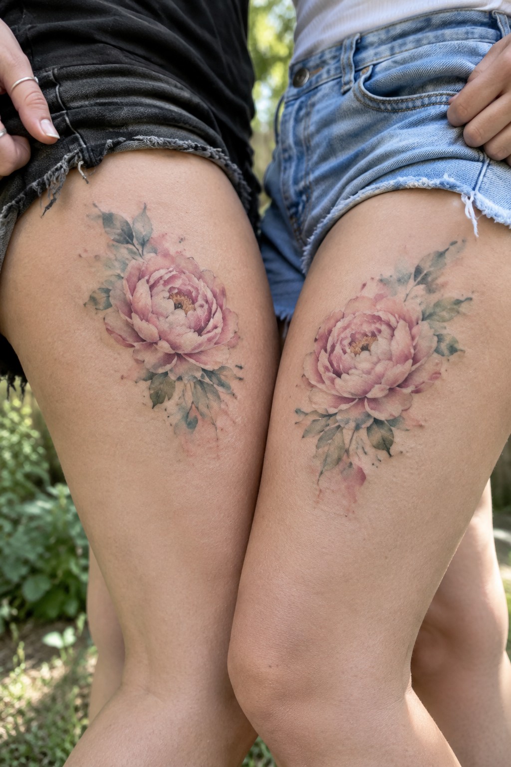 Two women in shorts show matching pink peony tattoos with green leaves on their upper thighs.