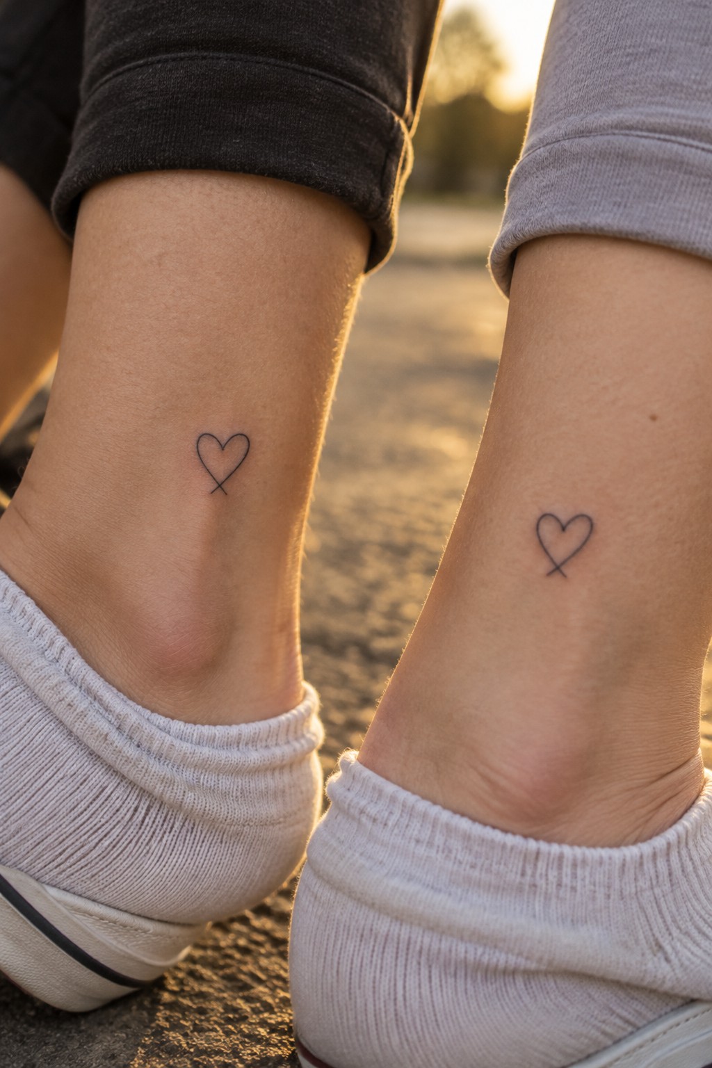 Two people show matching small outline heart tattoos with crossed tips above their ankles.