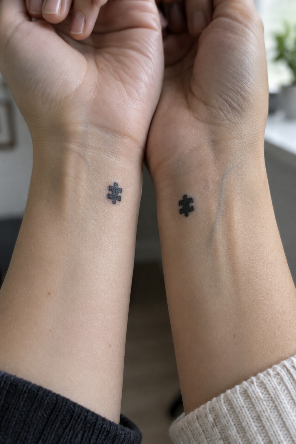 Two people hold their hands up to show small black puzzle piece tattoos on their inner wrists.