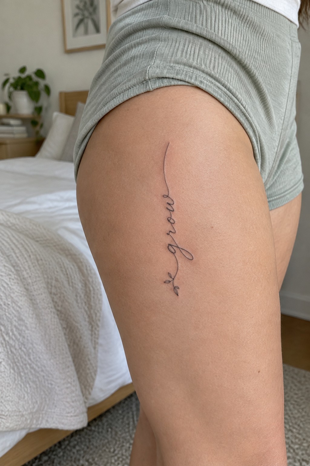Fine-line cursive tattoo with a leafy sprig on the outer thigh.