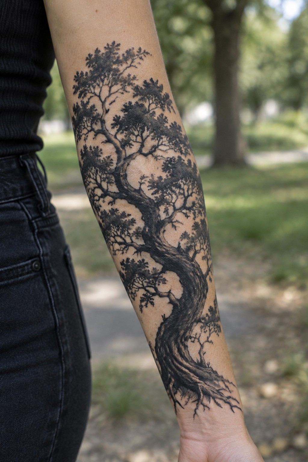 A detailed black and gray tree tattoo stretches from the forearm toward the wrist, with a twisting trunk, spreading branches, and textured leaves.