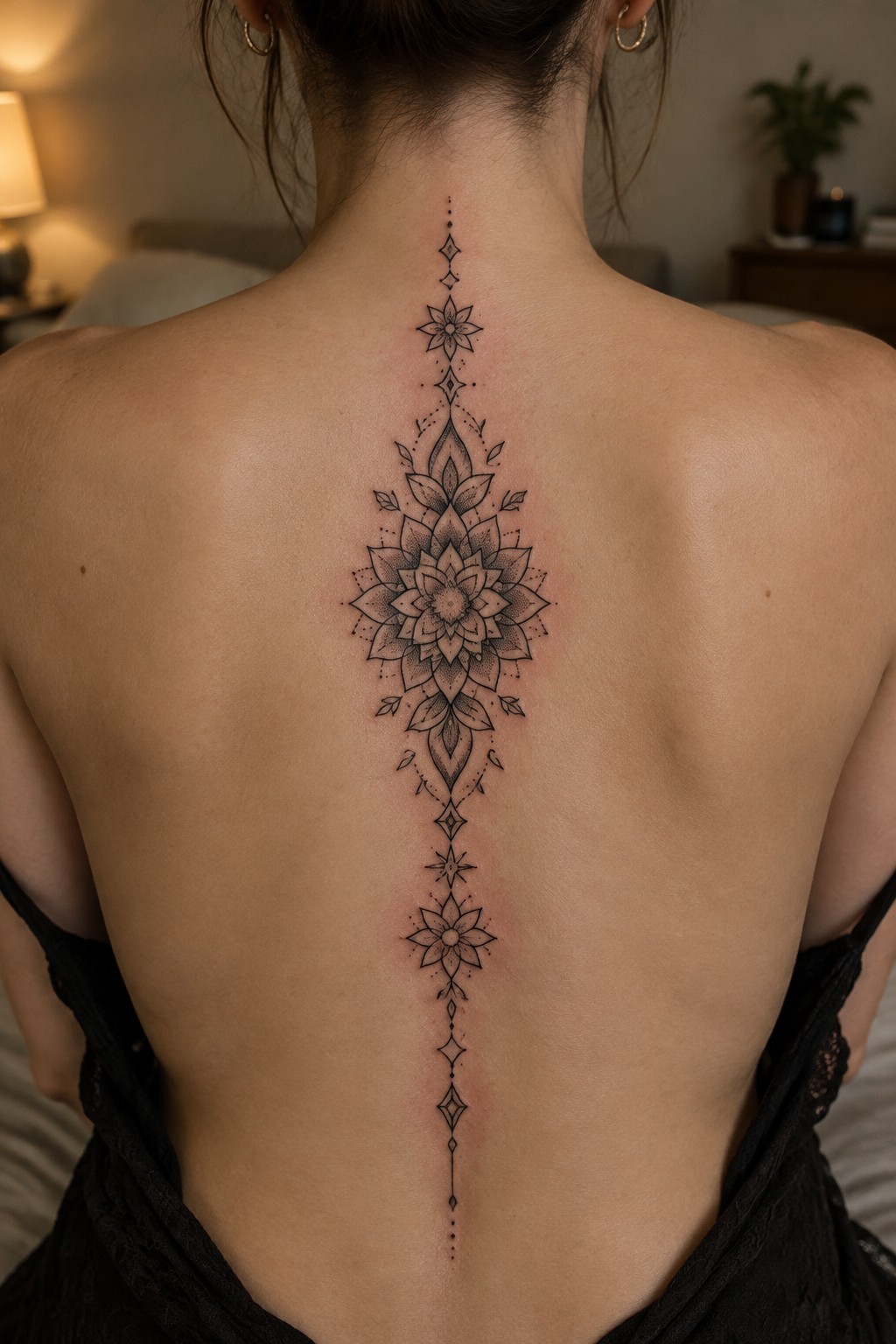A woman’s fine-line floral mandala tattoo runs vertically along the center of her back, from the nape to the lower back.
