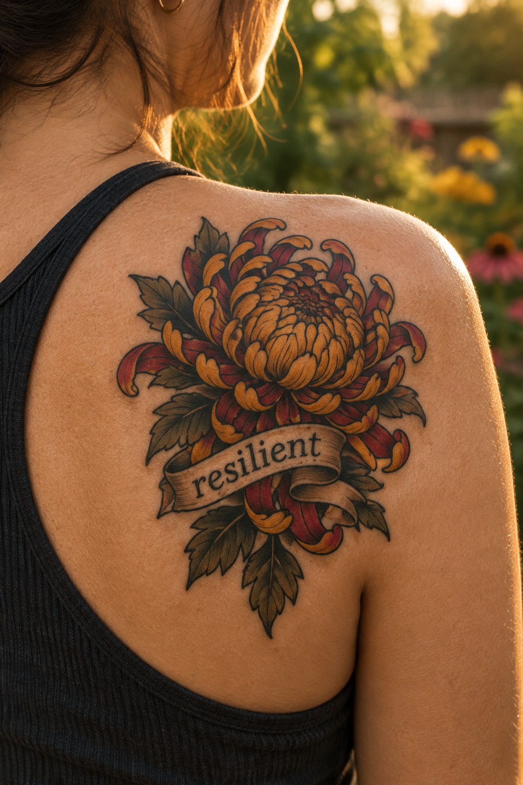 Large red and orange chrysanthemum tattoo with green leaves and a “resilient” banner on a woman’s upper shoulder.