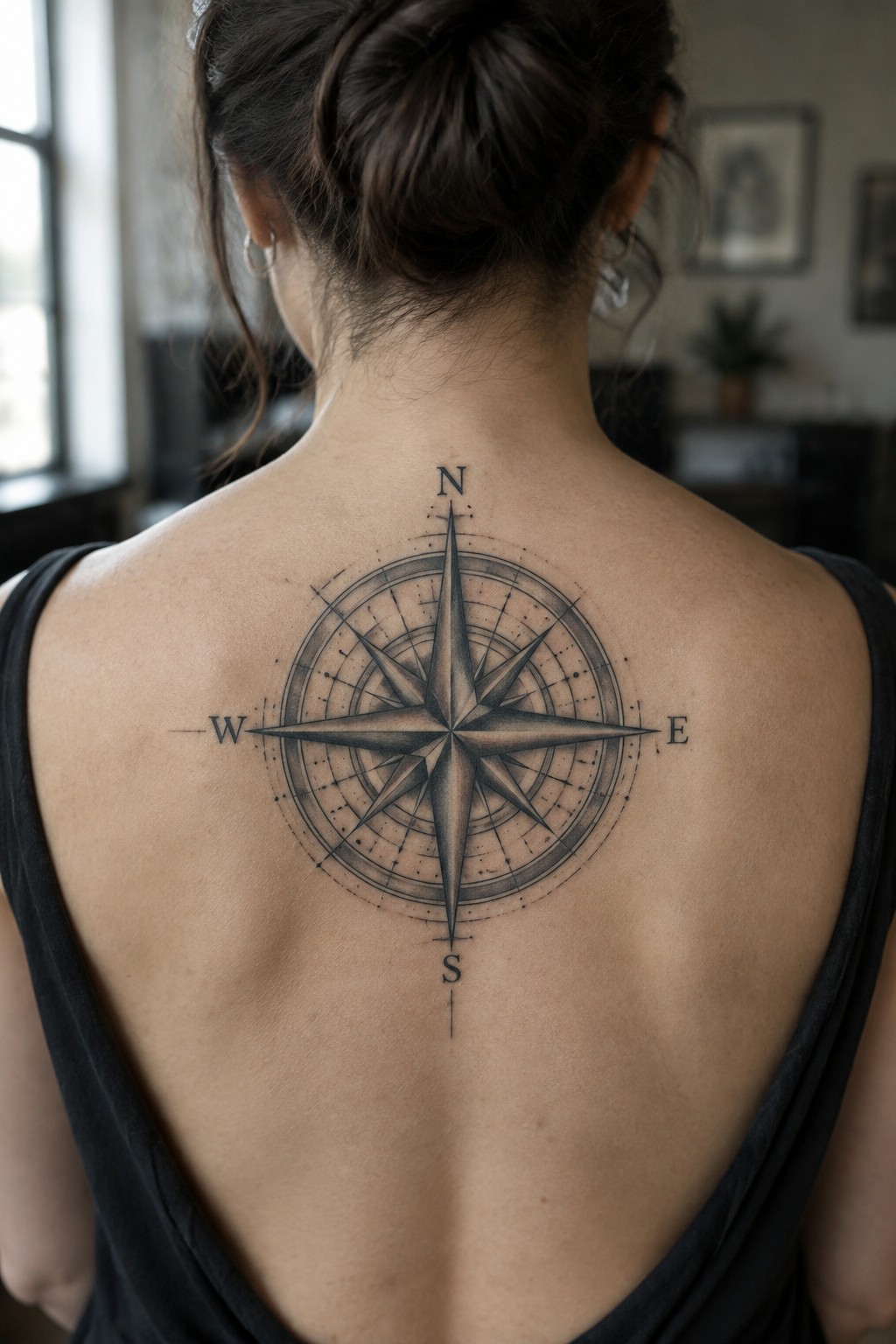 A woman with a large black and gray compass rose tattoo centered on her upper back, with N, E, S, and W lettering.