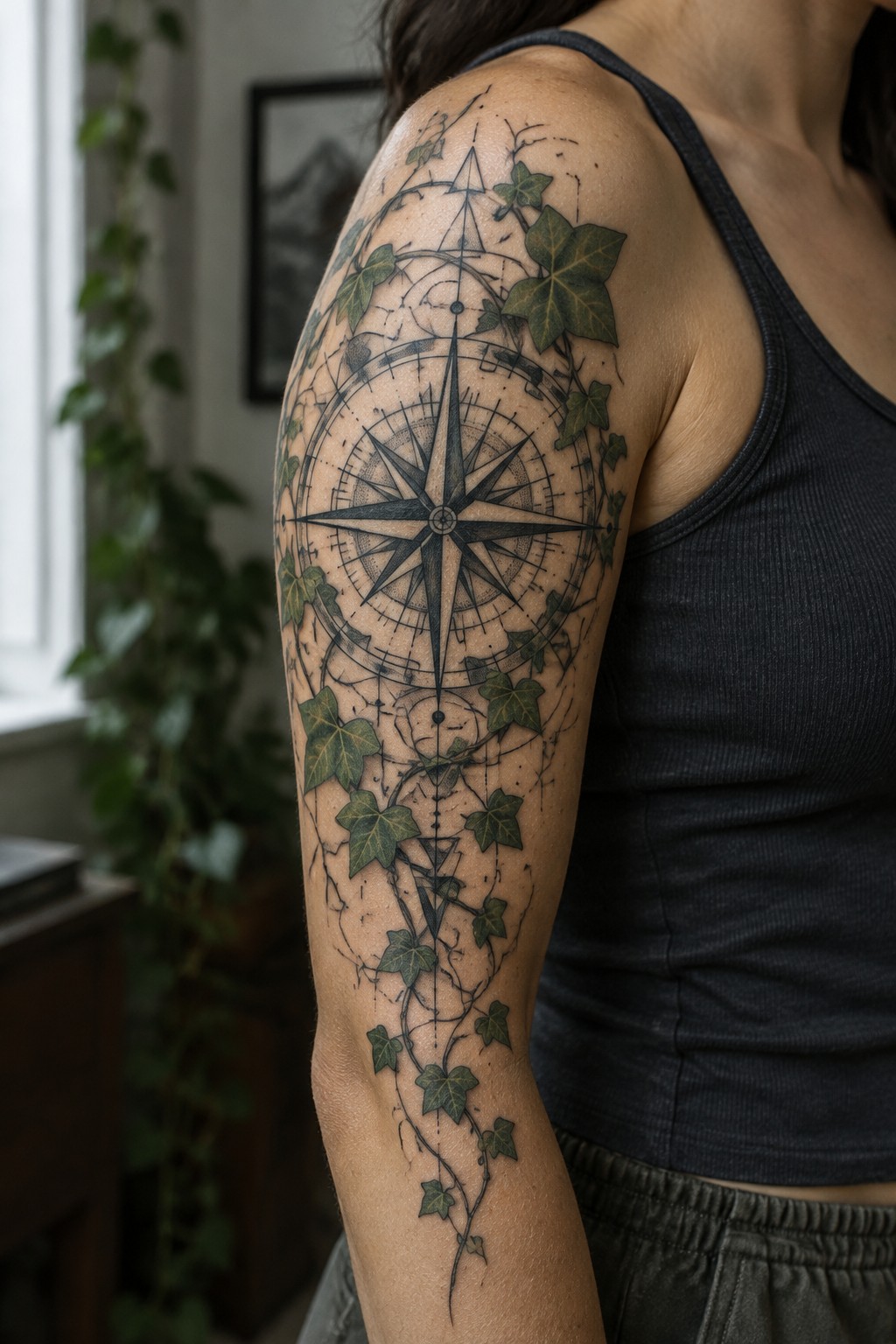 Large compass rose tattoo surrounded by green ivy vines, extending from the shoulder down the upper arm toward the elbow.