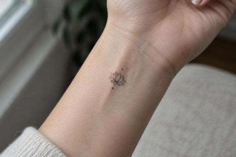 Small fine-line lotus tattoo with a dotted vertical accent on the inner wrist.