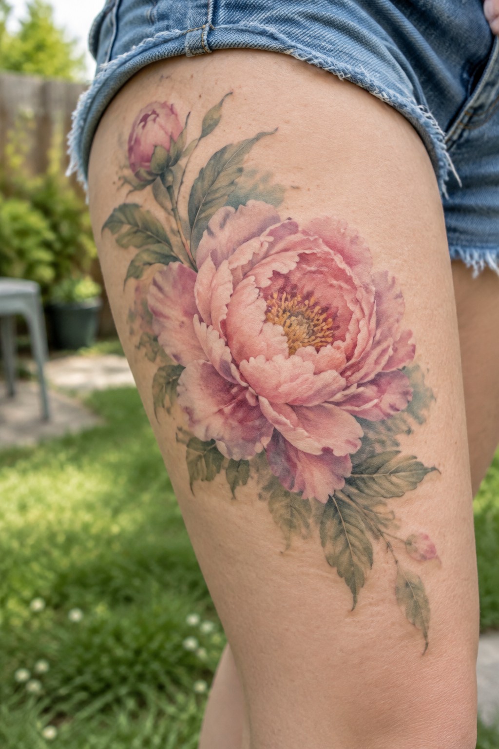 A large color tattoo of pink peonies and muted green leaves across the outer thigh.