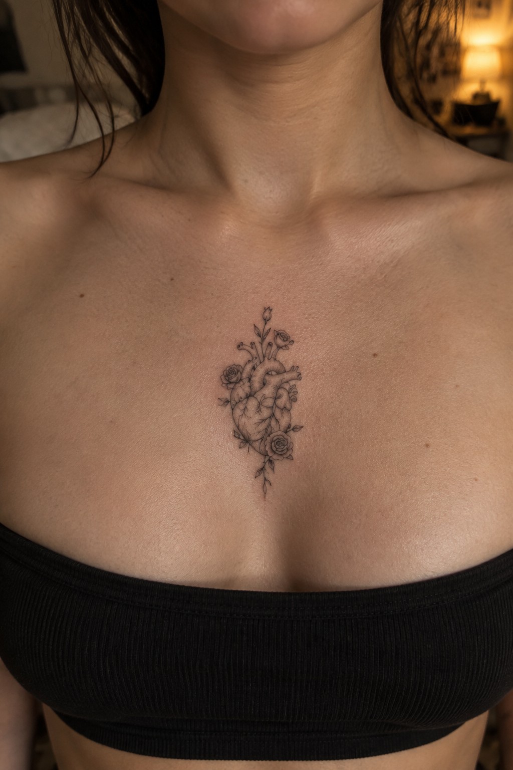 Small black anatomical heart tattoo with roses and leafy stems centered on a woman’s upper chest.