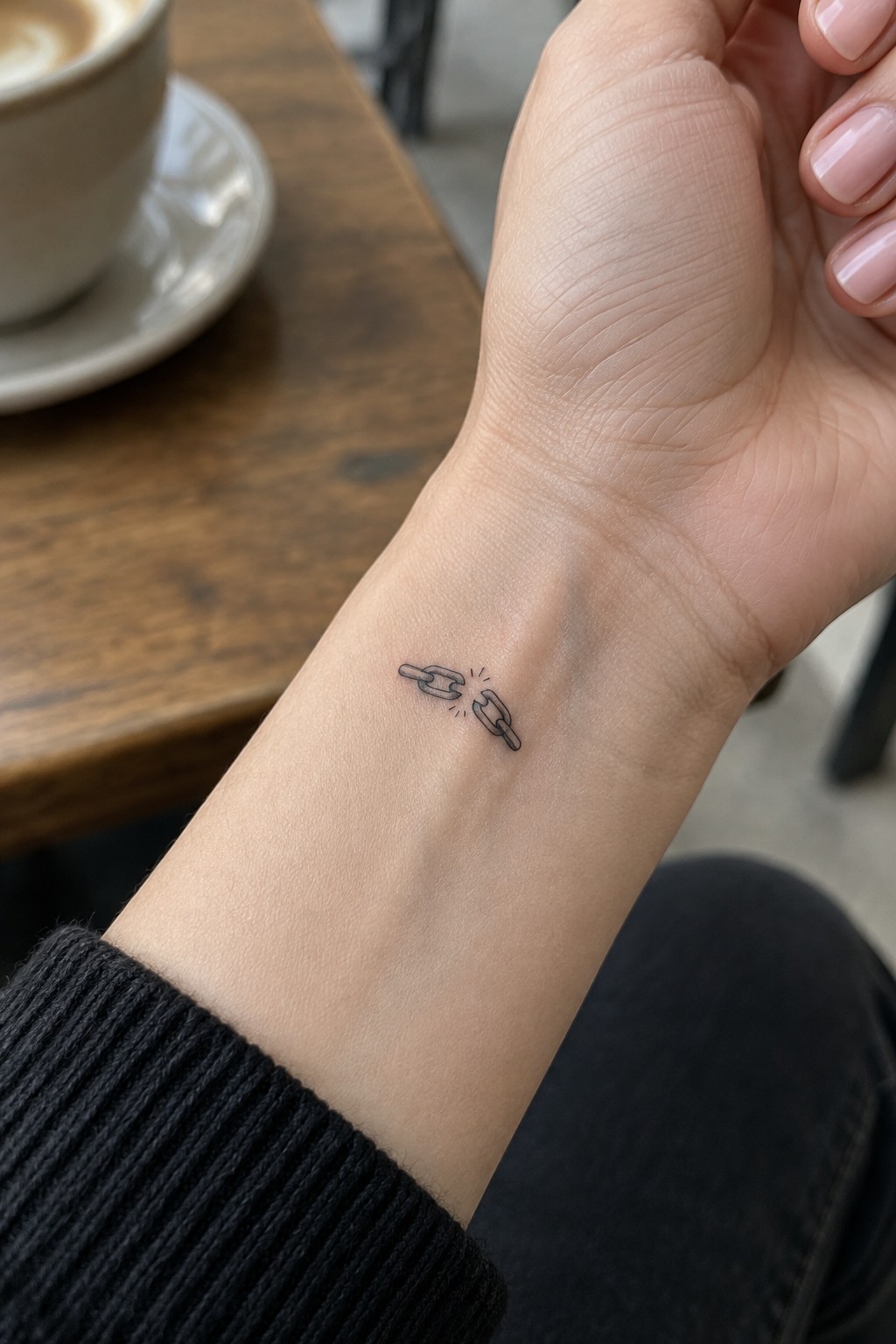 Small fine-line black tattoo of a broken chain on the inner wrist.