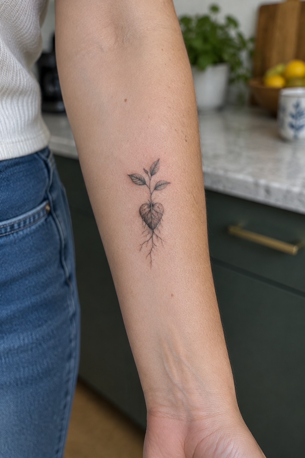 Small black and gray tattoo of a leafy plant growing from a heart-shaped center with fine roots, placed on the inner forearm.