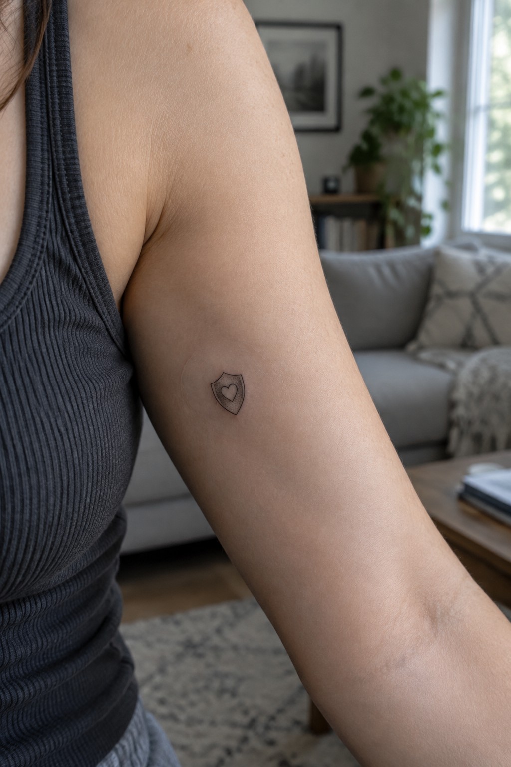 Small black outline tattoo of a shield with a heart in the center on a woman’s upper arm.