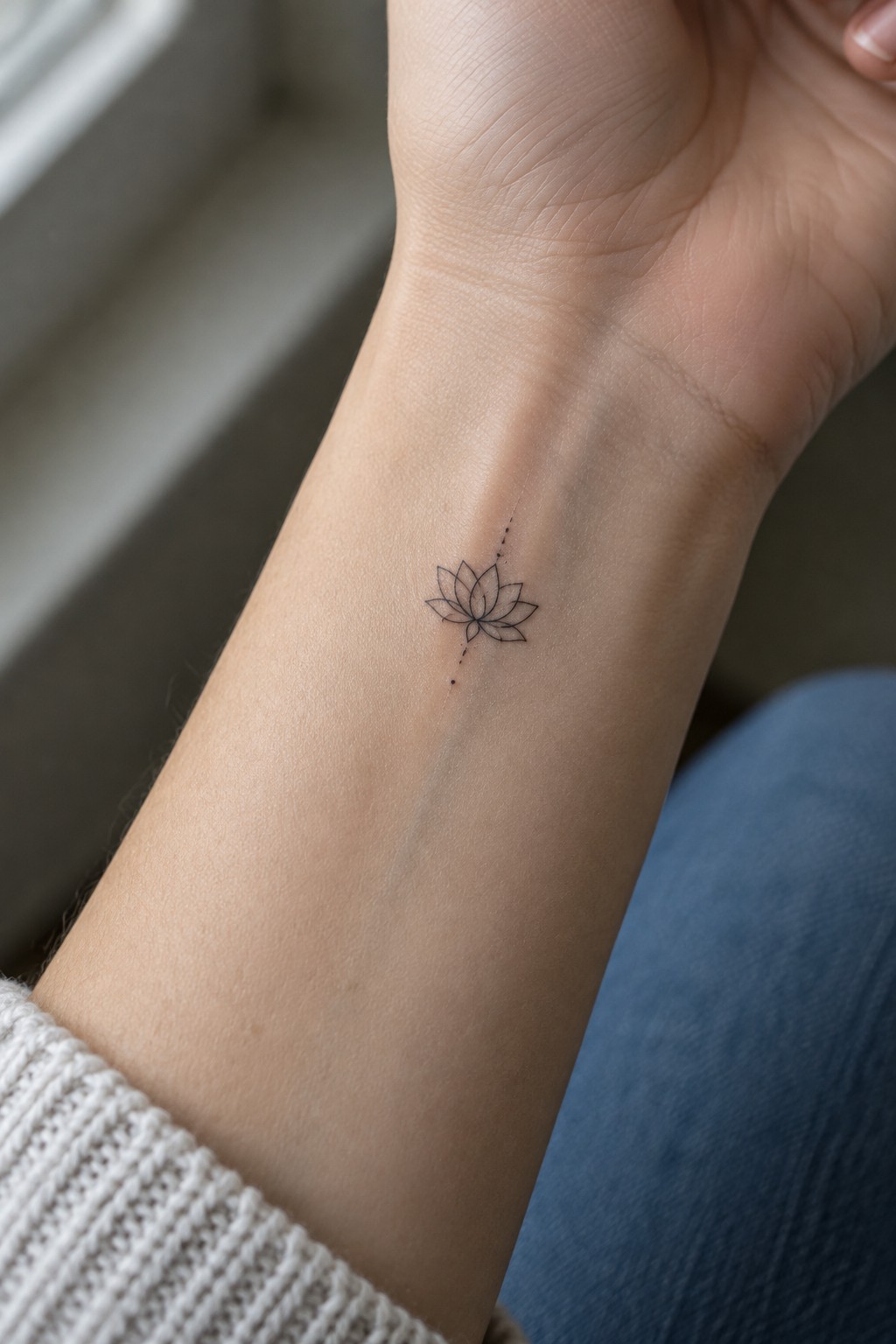 Small fine-line lotus tattoo with a dotted vertical accent on the inner wrist.