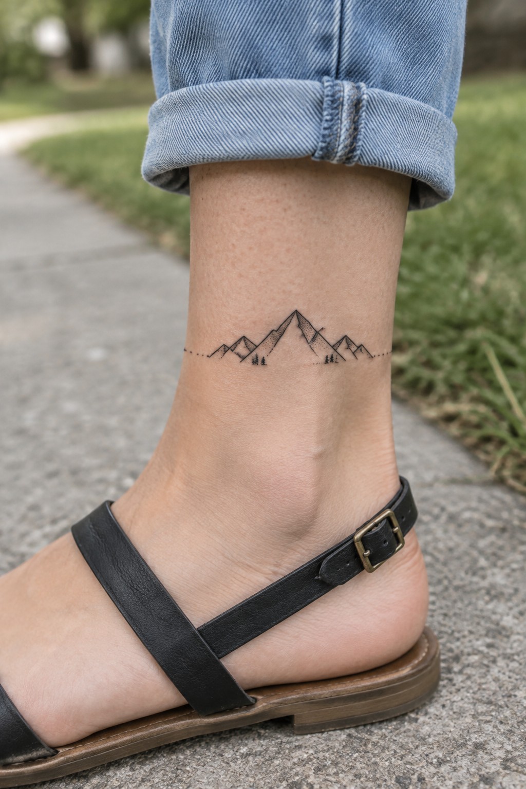 Fine-line black mountain range tattoo with tiny trees and dotted accents above the ankle, shown beneath rolled-up jeans.