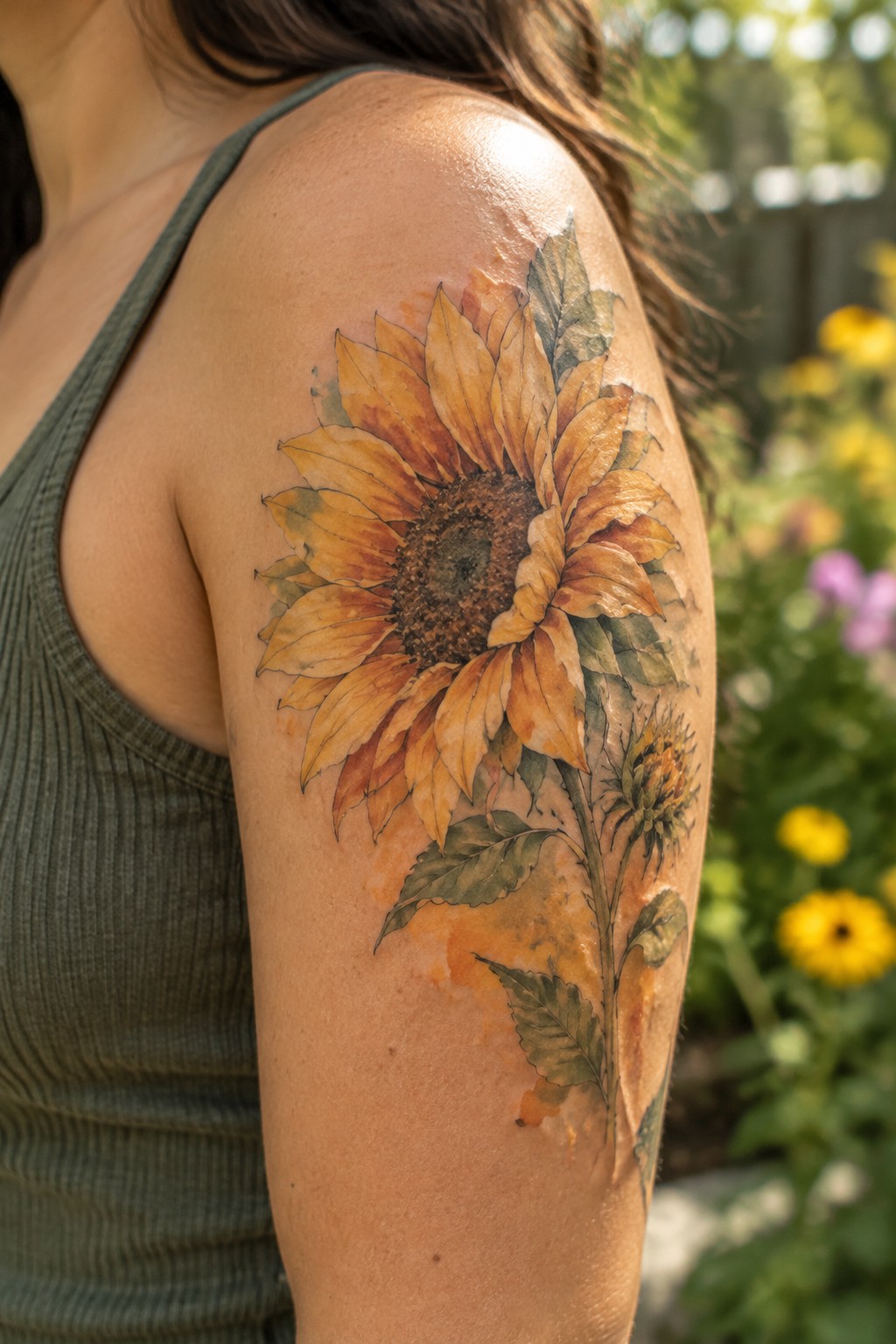 Large watercolor-style sunflower tattoo with leaves across a woman’s shoulder and upper arm.
